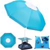 OutdoorMaster Beach Umbrellas for Sand with Sandbag & Anchor, 6.5ft Adjustable Umbrella for Beach Heavy Duty Wind, Portable UPF50+ Sunshade with Carry Bag for Patio, Light Blue Striped(New Version-Turquoise with Cup Holder)