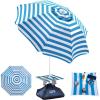 OutdoorMaster Beach Umbrellas for Sand with Sandbag & Anchor, 6.5ft Adjustable Umbrella for Beach Heavy Duty Wind, Portable UPF50+ Sunshade with Carry Bag for Patio, Light Blue Striped(New Version-Blue Striped with Cup Holder)