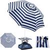 OutdoorMaster Beach Umbrellas for Sand with Sandbag & Anchor, 6.5ft Adjustable Umbrella for Beach Heavy Duty Wind, Portable UPF50+ Sunshade with Carry Bag for Patio, Light Blue Striped(B01 New Version-Navy Striped with Cup Holder)