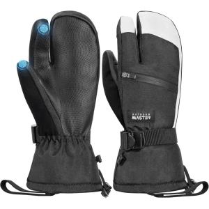 OutdoorMaster 3-Finger Ski Snow Gloves for Women & Men, Winter Warm Snowboard Ski Mittens Screen Touch, Thermal Waterproof with Double-Pocket for Cold Weather Sports, Skiing, Snowboarding(Black+White)