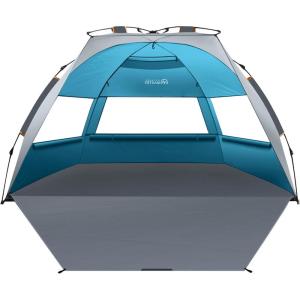OutdoorMaster Beach Tent Sun Shelter for 3-4 Person, Pop Up Beach Tent Easy Setup with Sandbags, Portable Sun Shade Canopy with Carrying Bag for Beach & Outdoor, UPF50+ UV Protection, Family Size(Ocracoke Coast)