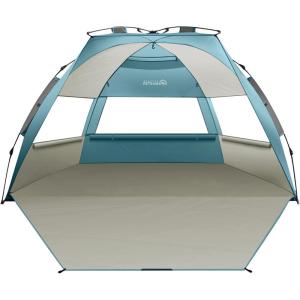 OutdoorMaster Beach Tent Sun Shelter for 3-4 Person, Pop Up Beach Tent Easy Setup with Sandbags, Portable Sun Shade Canopy with Carrying Bag for Beach & Outdoor, UPF50+ UV Protection, Family Size(Cancun Seashore)