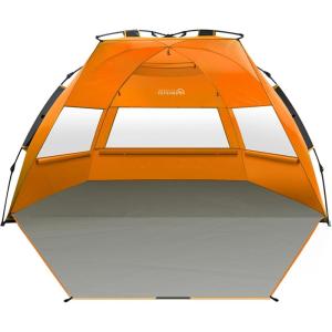 OutdoorMaster Beach Tent Sun Shelter for 3-4 Person, Pop Up Beach Tent Easy Setup with Sandbags, Portable Sun Shade Canopy with Carrying Bag for Beach & Outdoor, UPF50+ UV Protection, Family Size(Orange)