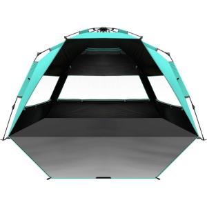OutdoorMaster Beach Tent with Blackout Shelter Technology, Portable Sun Shade Shelter 4 Person, Pop Up Beach Tents with UPF 50+ UV Protection, 9.5mm Thick Pole, 3 Ventilating Mesh Windows -Green(Green)
