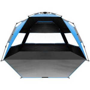 OutdoorMaster Beach Tent with Blackout Shelter Technology, Portable Sun Shade Shelter 4 Person, Pop Up Beach Tents with UPF 50+ UV Protection, 9.5mm Thick Pole, 3 Ventilating Mesh Windows -Green(Blue)