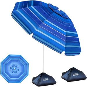 OutdoorMaster Beach Umbrellas for Sand with Sandbag & Anchor, 6.5ft Adjustable Umbrella for Beach Heavy Duty Wind, Portable UPF50+ Sunshade with Carry Bag for Patio, Light Blue Striped(Dark Blue Striped)