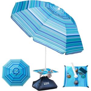 OutdoorMaster Beach Umbrellas for Sand with Sandbag & Anchor, 6.5ft Adjustable Umbrella for Beach Heavy Duty Wind, Portable UPF50+ Sunshade with Carry Bag for Patio, Light Blue Striped(B03 New Version-Light Blue Striped with Cup Holder)