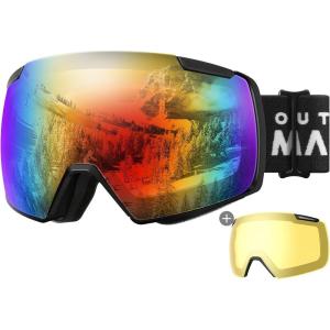 OutdoorMaster Heron Ski Goggles with 2 Lens, Frameless, Magnetic Interchangeable HD Toric Lens, OTG Snowboard Goggles(A-blackframe Revocolorful Vlt 15% + Yellowlens)