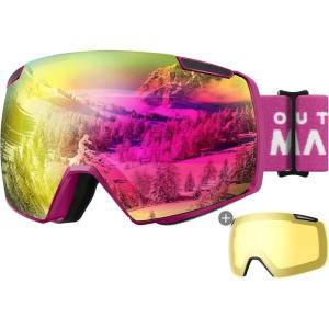 OutdoorMaster Heron Ski Goggles with 2 Lens, Frameless, Magnetic Interchangeable HD Toric Lens, OTG Snowboard Goggles(A-roseframe Revopink Vlt 13% + Yellowlens)