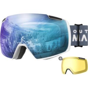 OutdoorMaster Heron Ski Goggles with 2 Lens, Frameless, Magnetic Interchangeable HD Toric Lens, OTG Snowboard Goggles(A-whiteframe Icebule Vlt 36% + Yellowlens)