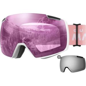 OutdoorMaster Heron Ski Goggles with 2 Lens, Frameless, Magnetic Interchangeable HD Toric Lens, OTG Snowboard Goggles(A-whiteframe Pink Vlt 46% + Silverlens)