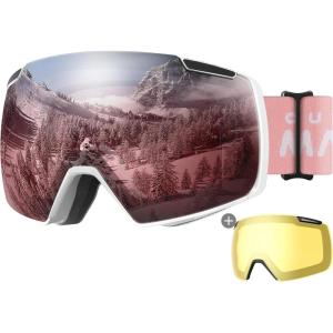 OutdoorMaster Heron Ski Goggles with 2 Lens, Frameless, Magnetic Interchangeable HD Toric Lens, OTG Snowboard Goggles(A-whiteframe Rose Vlt 28% + Yellowlens)