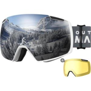 OutdoorMaster Heron Ski Goggles with 2 Lens, Frameless, Magnetic Interchangeable HD Toric Lens, OTG Snowboard Goggles(A-whiteframe Silver Vlt 10% + Yellowlens)