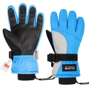 OutdoorMaster Kids Ski Snow Gloves, 3M Thinsulate Winter Windproof Waterproof Thermal Gloves for Boys & Girls, Fits Youth Winter Sports, Skiing, Snowboard(Blue)