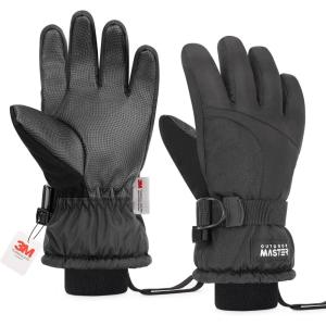 OutdoorMaster Kids Ski Snow Gloves, 3M Thinsulate Winter Windproof Waterproof Thermal Gloves for Boys & Girls, Fits Youth Winter Sports, Skiing, Snowboard(Black)