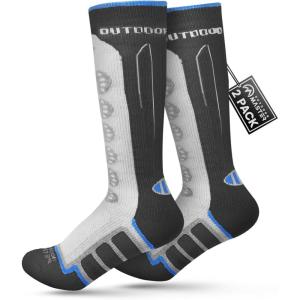 OutdoorMaster Kids Ski Socks, 2/3-Pack Merino Wool Compression Thermal Socks with Boys & Girls, Over The Calf Non-Slip Cuff(Black Gray)