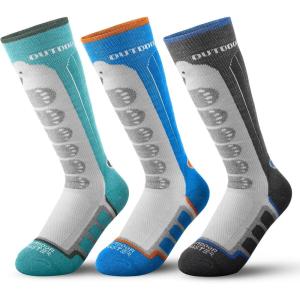 OutdoorMaster Kids Ski Socks, 2/3-Pack Merino Wool Compression Thermal Socks with Boys & Girls, Over The Calf Non-Slip Cuff(Green+black+blue)