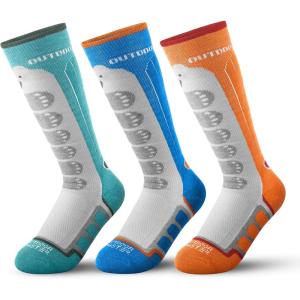 OutdoorMaster Kids Ski Socks, 2/3-Pack Merino Wool Compression Thermal Socks with Boys & Girls, Over The Calf Non-Slip Cuff(Green+orange+blue)