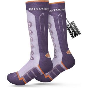 OutdoorMaster Kids Ski Socks, 2/3-Pack Merino Wool Compression Thermal Socks with Boys & Girls, Over The Calf Non-Slip Cuff(Purple)