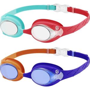 OutdoorMaster Kids Swim Goggles 2 Pack – Quick Adjustable Strap Swimming Goggles for Kids(Blue Green)
