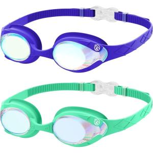 OutdoorMaster Kids Swim Goggles 2 Pack – Quick Adjustable Strap Swimming Goggles for Kids(Revo Blue Cyan)