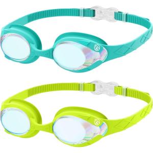 OutdoorMaster Kids Swim Goggles 2 Pack – Quick Adjustable Strap Swimming Goggles for Kids(Revo Green Cyan)