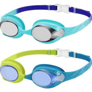 OutdoorMaster Kids Swim Goggles 2 Pack – Quick Adjustable Strap Swimming Goggles for Kids(Silver Blue)