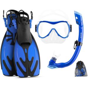 OutdoorMaster Marlin Kids Mask Fins Snorkel Set, Dry Top Snorkeling Gear with Adjustable Fins, Anti-Fog Snorkel Mask Set for Boys and Girls Age 6-16(Dark Blue)