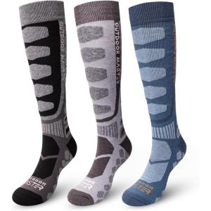 OutdoorMaster Merino Wool Ski Socks, 2/3 Pairs Compression Over The Calf for Men & Women, Winter Snowboard Thermal Socks(Black+gray+dark Blue (3 Pairs))