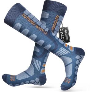 OutdoorMaster Merino Wool Ski Socks, 2/3 Pairs Compression Over The Calf for Men & Women, Winter Snowboard Thermal Socks(Dark Blue (2 Pairs))