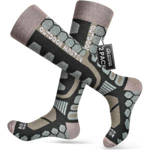 OutdoorMaster Merino Wool Ski Socks, 2/3 Pairs Compression Over The Calf for Men & Women, Winter Snowboard Thermal Socks(Dark Green (2 Pairs))