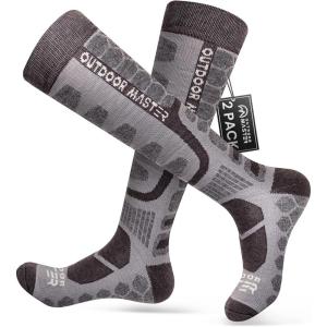 OutdoorMaster Merino Wool Ski Socks, 2/3 Pairs Compression Over The Calf for Men & Women, Winter Snowboard Thermal Socks(Gray (2 Pairs))