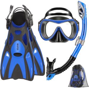 OutdoorMaster Mobula Snorkeling Gear for Adults,Mask Fins Snorkel Set with Panoramic View Anti-Fog, Dry Top Scuba Gear for Swimming Snorkeling Diving(Blue Black)