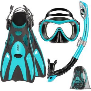 OutdoorMaster Mobula Snorkeling Gear for Adults,Mask Fins Snorkel Set with Panoramic View Anti-Fog, Dry Top Scuba Gear for Swimming Snorkeling Diving(Green Black)