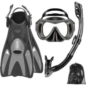 OutdoorMaster Mobula Snorkeling Gear for Adults,Mask Fins Snorkel Set with Panoramic View Anti-Fog, Dry Top Scuba Gear for Swimming Snorkeling Diving(Grey Black)