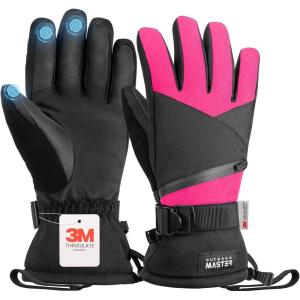 OutdoorMaster Ski Snow Gloves for Women & Men, 3M Thinsulate Waterproof Snowboard Gloves for Winter Warm Windproof Snowmobile with Double-Pocket(Black+Rose)