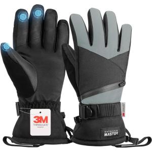 OutdoorMaster Ski Snow Gloves for Women & Men, 3M Thinsulate Waterproof Snowboard Gloves for Winter Warm Windproof Snowmobile with Double-Pocket(Black+Gray)