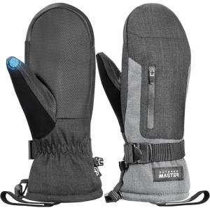 OutdoorMaster Ski Snow Mittens for Women & Men, Thermal Snowboard Ski Gloves Screen Touch, Warm Winter Anti-Slip Waterproof with Double-Pocket for Cold Weather Sports, Skiing, Snowboarding(Black+Gray)