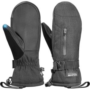 OutdoorMaster Ski Snow Mittens for Women & Men, Thermal Snowboard Ski Gloves Screen Touch, Warm Winter Anti-Slip Waterproof with Double-Pocket for Cold Weather Sports, Skiing, Snowboarding(Black)