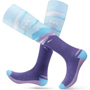 OutdoorMaster Ski Socks, 2-Pair Pack Skiing and Snowboarding Thermal Socks for Women, Over The Calf Non-Slip Cuff(Violet Mountain)