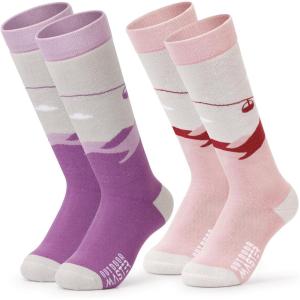 OutdoorMaster Ski Socks, Snowboarding Socks for Boys & Girls, Thermal Winter Warm & Breathable, Over The Calf Non-Slip Cuff(A -Pink Gray+purple)