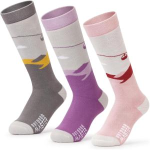 OutdoorMaster Ski Socks, Snowboarding Socks for Boys & Girls, Thermal Winter Warm & Breathable, Over The Calf Non-Slip Cuff(A -Purple+gray+pink Gray)