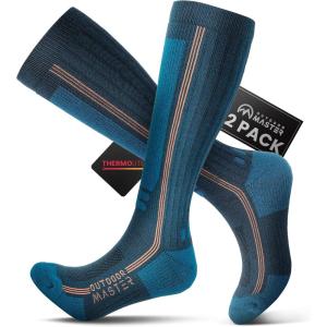 OutdoorMaster Thermolite Merino Wool Ski Socks, Compression Thermal Snowboarding Socks for Men & Women, Cold Weather(Cyan)