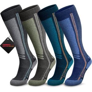 OutdoorMaster Thermolite Merino Wool Ski Socks, Compression Thermal Snowboarding Socks for Men & Women, Cold Weather(Gray+green+cyan+blue)