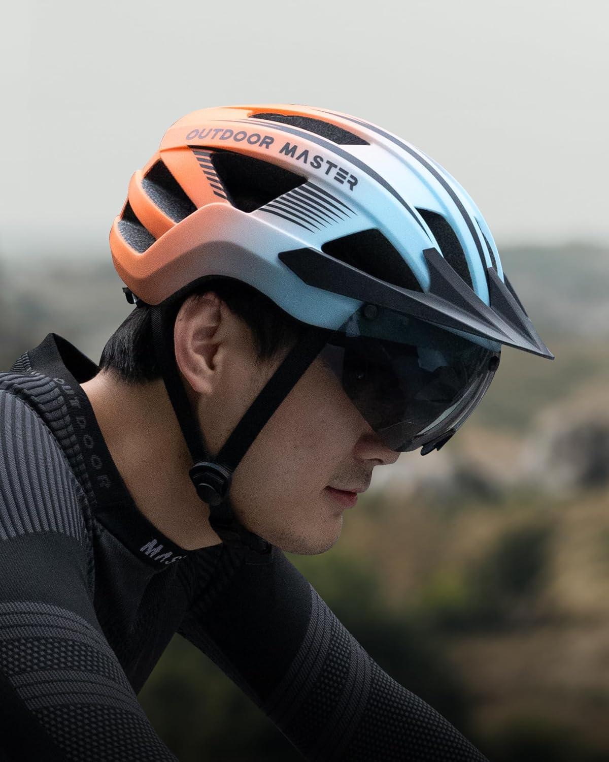imageOutdoorMaster Adult Bike Helmet Bicycle Helmet with Rechargeable Rear LED Light Detachable Magnetic Goggles Removable Sun Visor Suitable for Commuting and Cycling for Men and WomenGradient Blue Orange