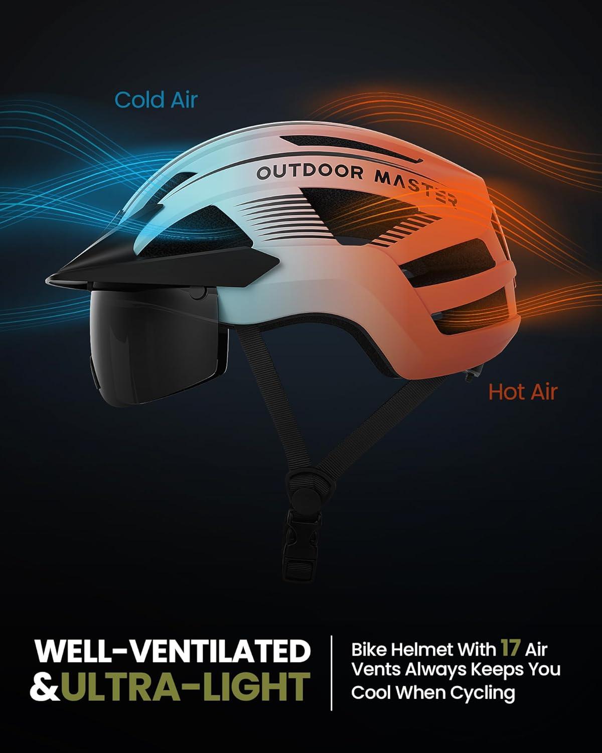 imageOutdoorMaster Adult Bike Helmet Bicycle Helmet with Rechargeable Rear LED Light Detachable Magnetic Goggles Removable Sun Visor Suitable for Commuting and Cycling for Men and WomenGradient Blue Orange