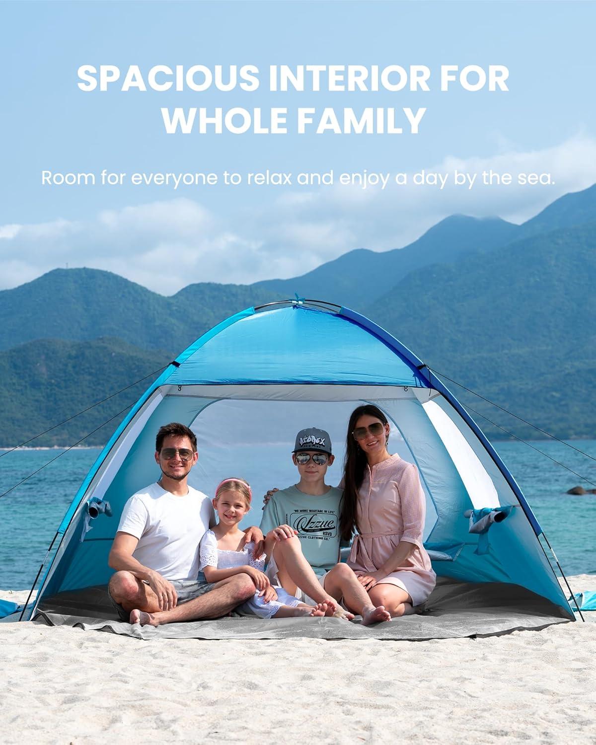 imageOutdoorMaster Beach Tent for 34 Person Easy Setup Sun Shade Shelter Portable Beach Shade Sun Canopy with UPF 50 UV Protection Removable Skylight Family SizeBlue