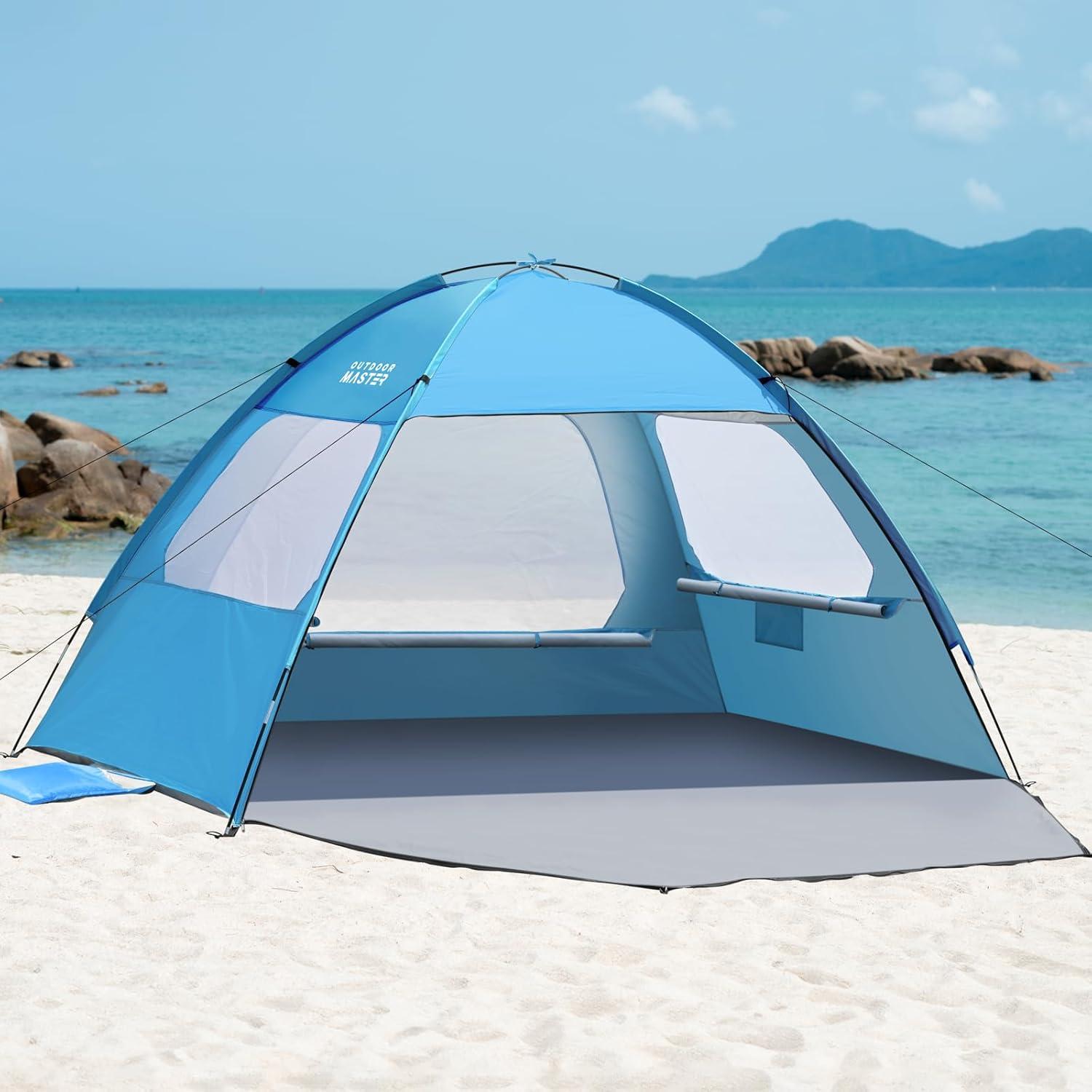 imageOutdoorMaster Beach Tent for 34 Person Easy Setup Sun Shade Shelter Portable Beach Shade Sun Canopy with UPF 50 UV Protection Removable Skylight Family SizeBlue