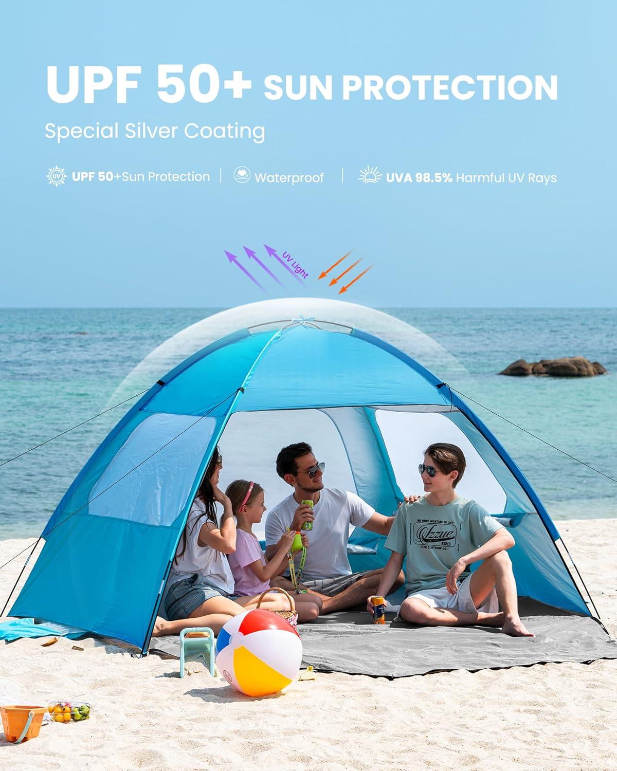 imageOutdoorMaster Beach Tent for 34 Person Easy Setup Sun Shade Shelter Portable Beach Shade Sun Canopy with UPF 50 UV Protection Removable Skylight Family SizeBlue