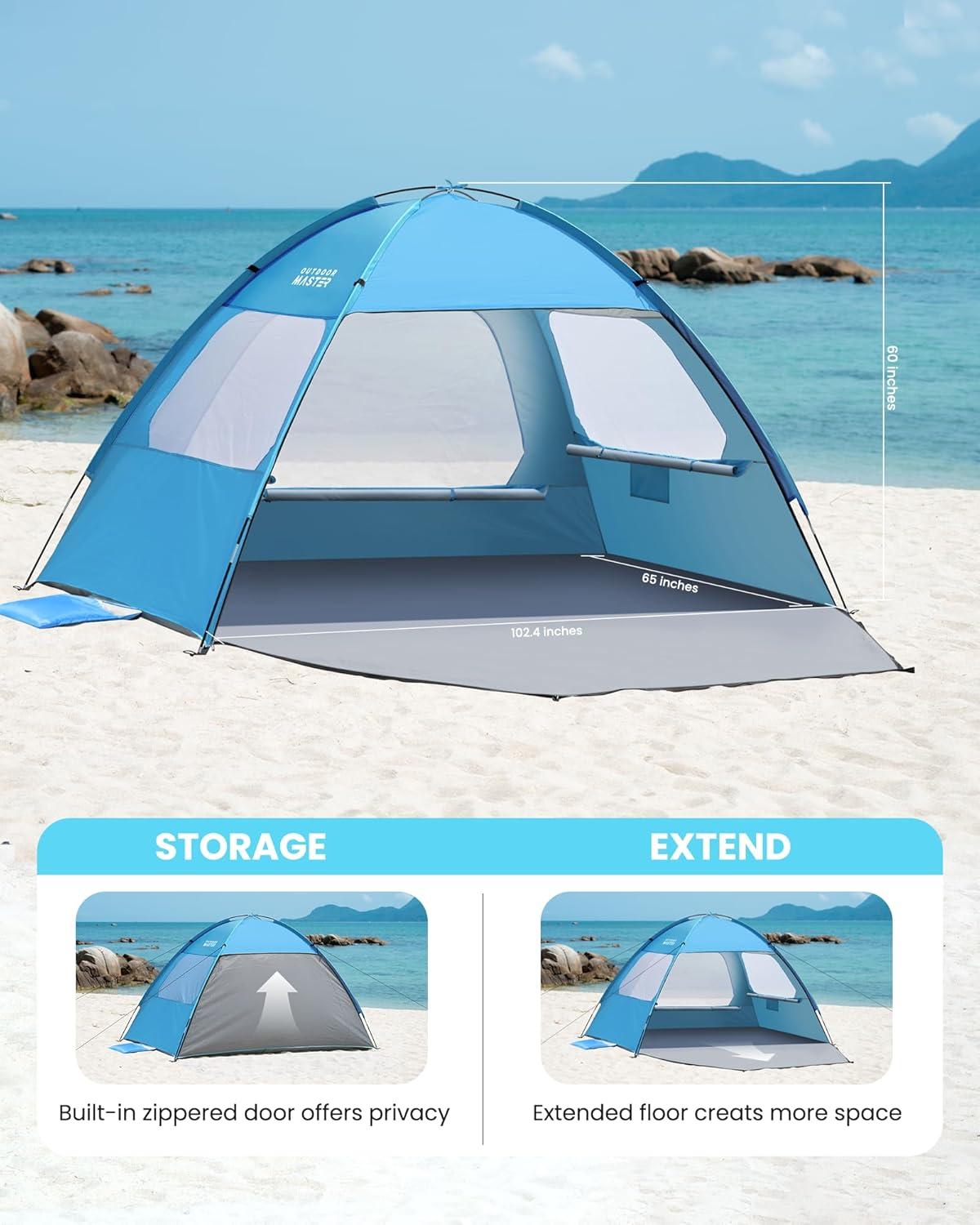 imageOutdoorMaster Beach Tent for 34 Person Easy Setup Sun Shade Shelter Portable Beach Shade Sun Canopy with UPF 50 UV Protection Removable Skylight Family SizeBlue